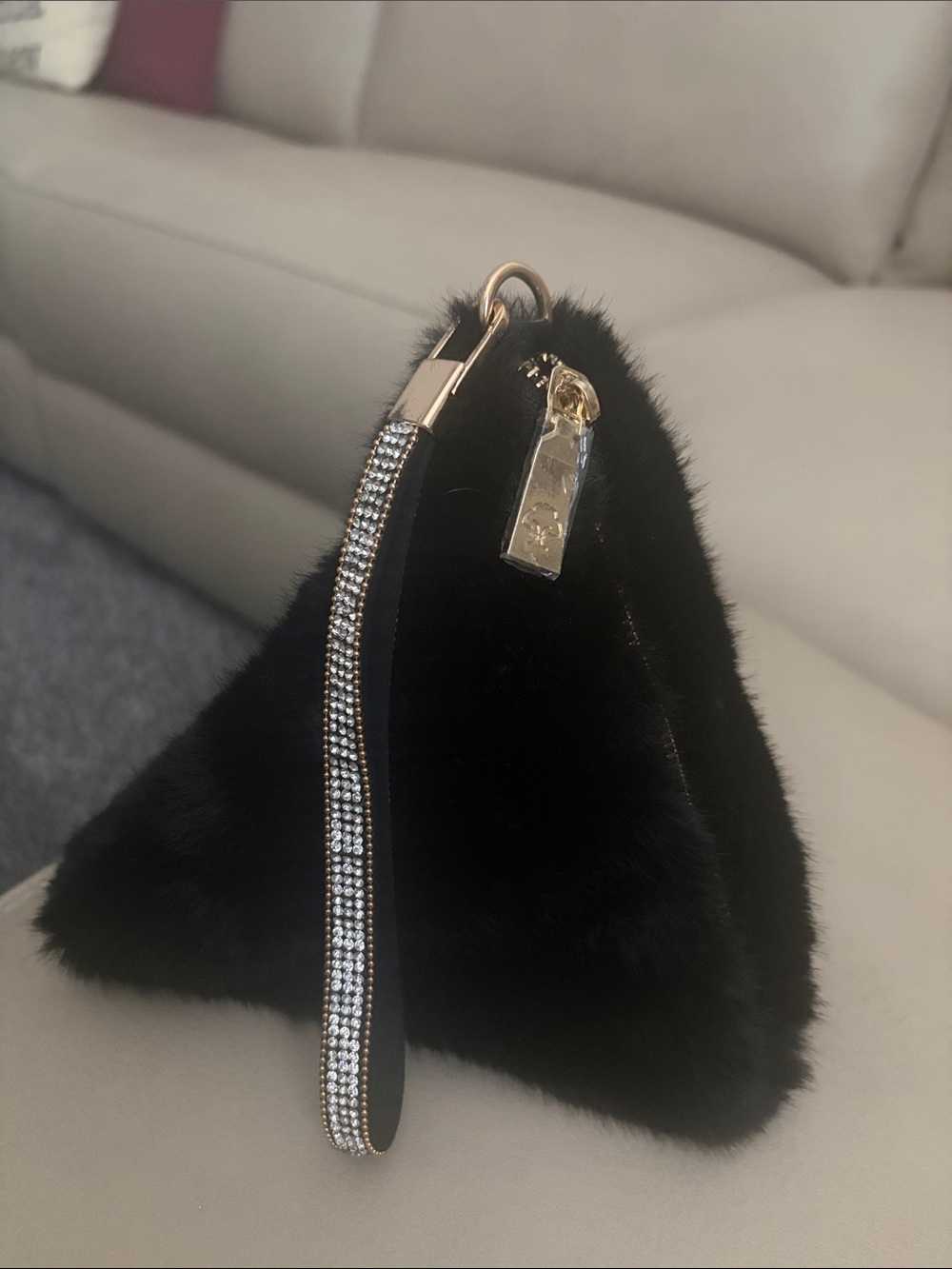 Plush Black Pyramid Wristlet Clutch with Crystal Strap